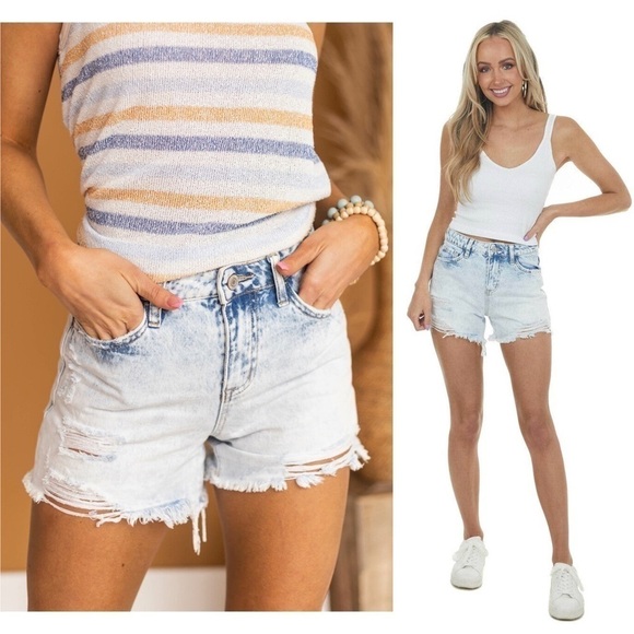 NWT L’AGENCE Distressed Acid Wash Bleached Denim Raw Hem Cutoff Jean Shorts 25 - Picture 1 of 5